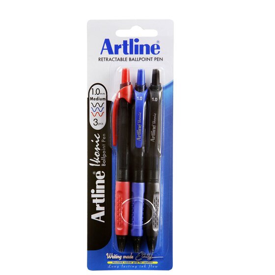 Artline IKONIC Retractable Ballpoint Pen – Moulded Rubber Grip, Medium Point, Assorted Colours (3 Pack)