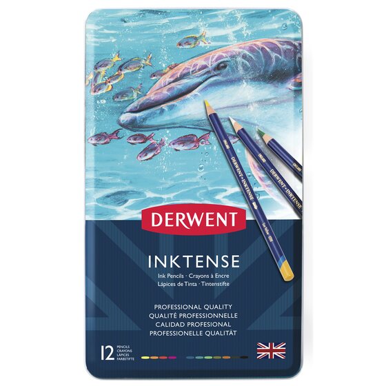 Derwent Inktense Pencil Tin – 12 Colours | Water-Soluble, Dries Permanent on Paper, Fabric, Wood & Ceramic