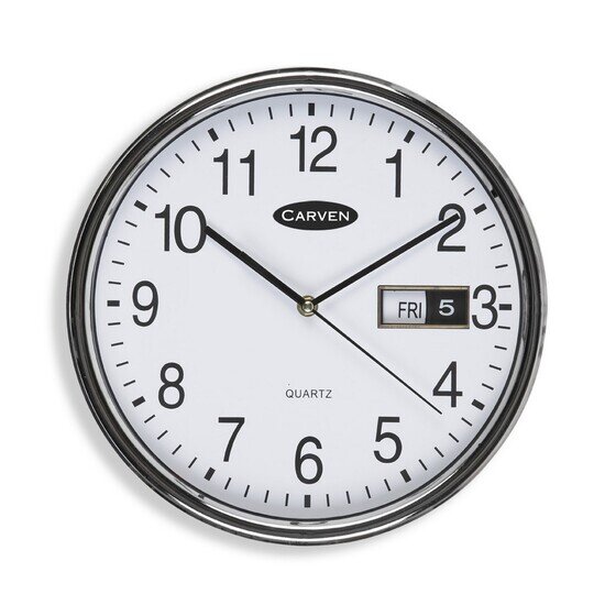 Carven 285mm Wall Clock – Silver Rim, White Face, Day & Date