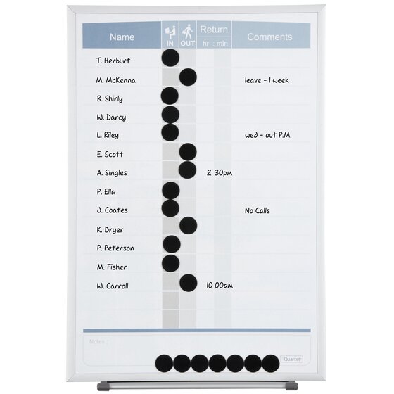 Quartet Planner Board Matrix In/Out 280 x 410 mm – Magnetic Staff Tracking Board
