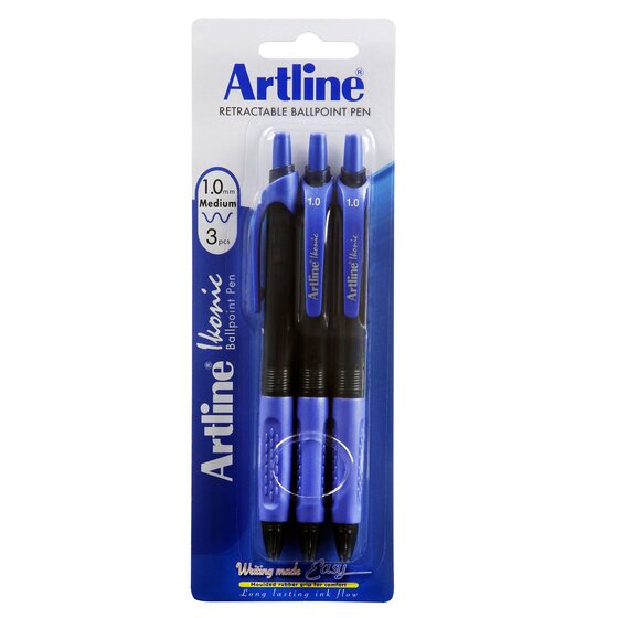 Artline IKONIC Retractable Ballpoint Pen – Moulded Grip, Medium 1.0mm, Blue Ink (3 Pack)