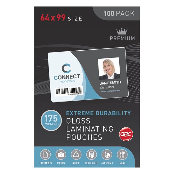 GBC Laminating Pouches 64 x 99 mm | 175 Micron Gloss | Pack of 100
