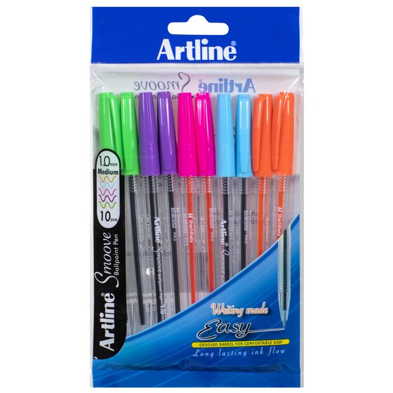 ARTLINE SMOOVE Ballpoint Stick Pen – Medium Tip, Bright Colours (Pack of 10)