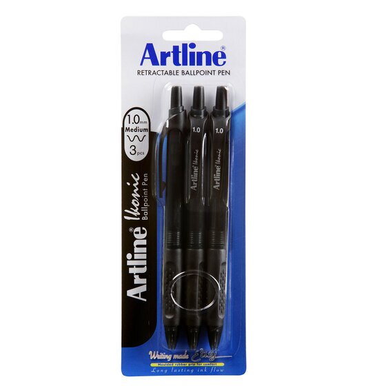 Artline IKONIC Retractable Ballpoint Pen – Moulded Grip, Medium 1.0mm, Black Ink (3 Pack)