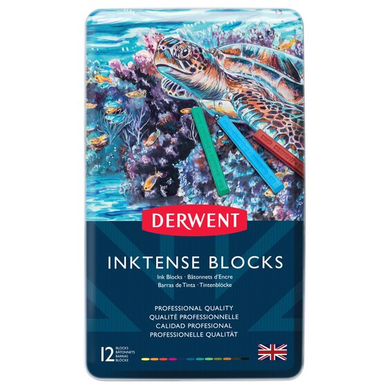 Derwent Inktense Block Tin – 12 Assorted Colours | Water-Soluble Drawing & Sketching Blocks