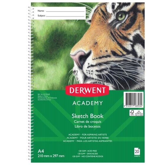 Derwent Academy A4 Portrait Sketch Book – 20 Sheets, 110gsm, Polypropylene Cover
