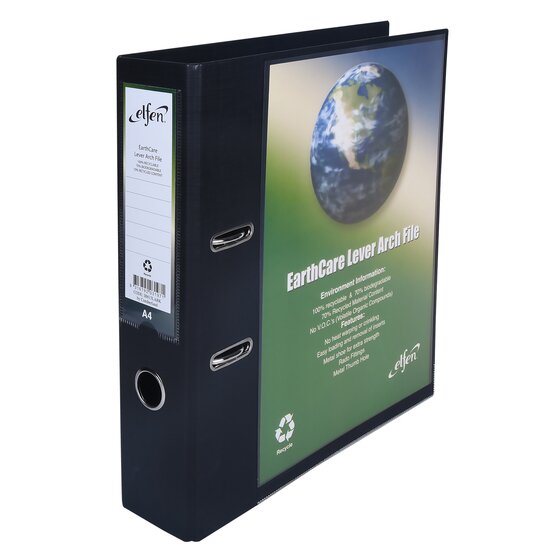 Earthcare A4 Lever Arch File – Black, 70% Recycled, Clear Sleeves, Rado Fittings