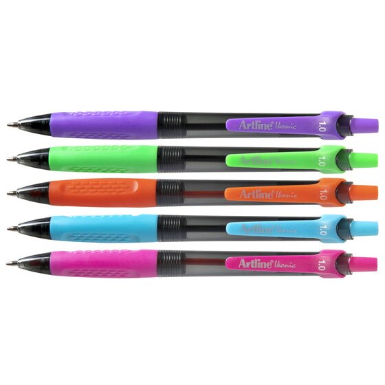 Artline IKONIC Retractable Ballpoint Pen – Moulded Rubber Grip, Medium Point, Bright Colours (5 Pack)