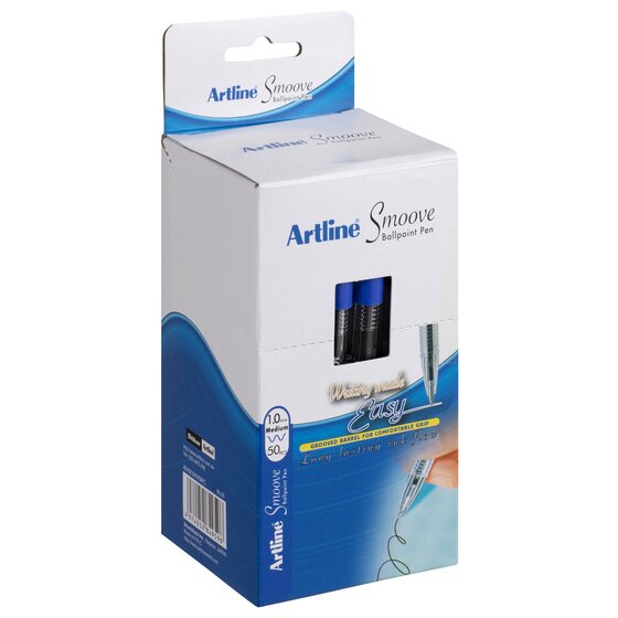 Artline SMOOVE Ballpoint Stick Pen – Medium Tip, Blue Ink, Box of 50