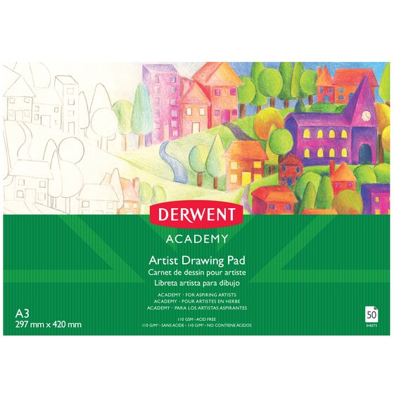 Derwent Academy Drawing Pad – A3 Landscape, 50 Sheets, 110gsm Acid-Free