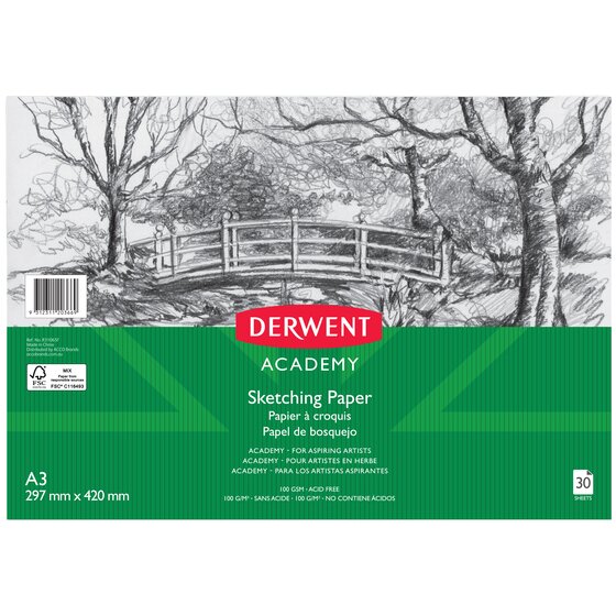 Derwent Academy Sketching Paper Pad — A3 Portrait, 30 Sheets, 100gsm Acid-Free Cartridge Paper