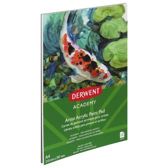 Derwent Academy Acrylic Paint Pad A4 Portrait – 12 Sheets, 300Gsm Heavy Weight Paper