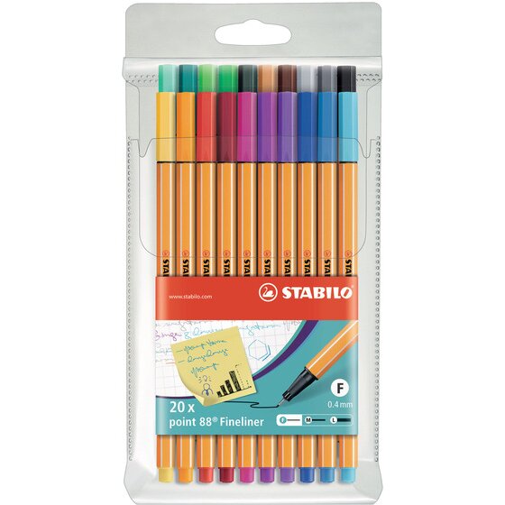 Stabilo Point 88 Fineliner Assorted Wallet – 20 Pens, 0.4mm Metal-Encased Tip