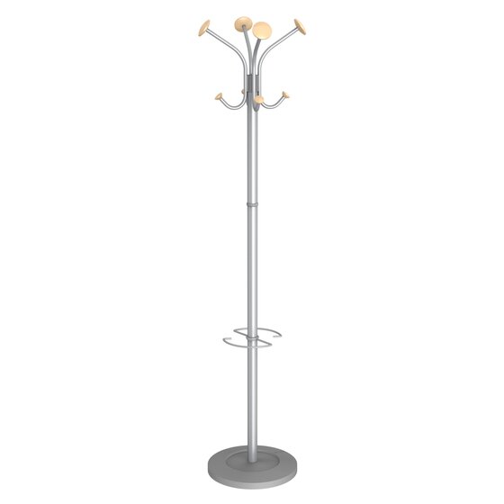 Alba Stily Coat Rack – Silver & Wood | Built-In Umbrella Holder | Heavy Base
