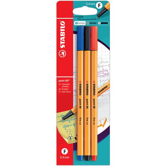 Stabilo Point 88 Fineliner – Assorted 3-Pack (Black, Blue, Red) | 0.4mm Metal Tip