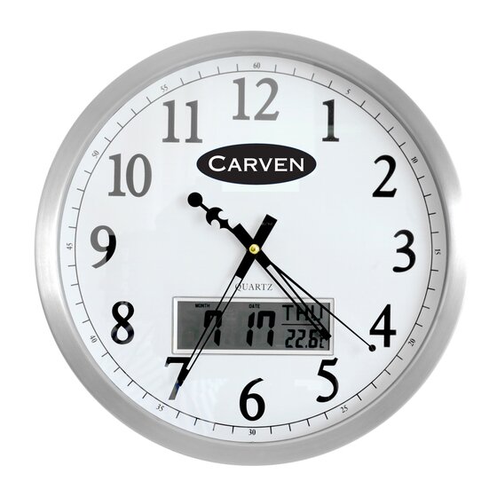 Carven 350mm Aluminium Frame Wall Clock with LCD Date & Day Display – Silver/Chrome, Glass Face