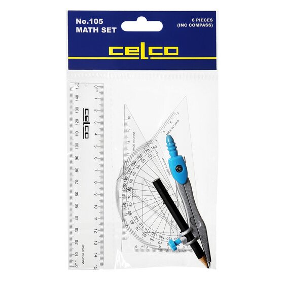 Celco Maths Set 105 – 6-Piece Geometry Kit with Compass & PVC Carry Bag