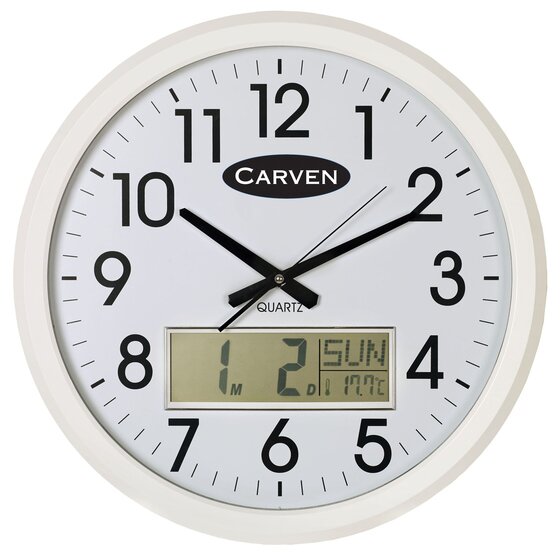 Carven Wall Clock 470mm White Frame with LCD Calendar & Temperature Display