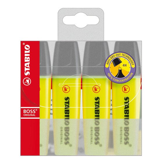 STABILO BOSS Highlighter Yellow – 4-Pack Wallet