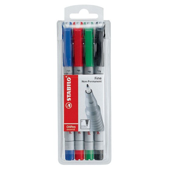 STABILO Ohpen Universal Overhead Projector Pen – Soluble Fine Nib, 0.7mm, Assorted Colours (Set of 4)