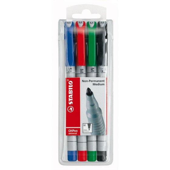 STABILO Ohpen Universal Overhead Projector Pen – Soluble Medium Nib, Assorted Wallet of 4