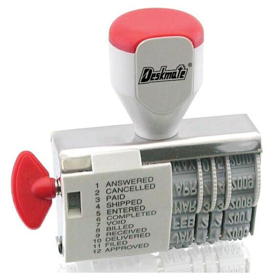 DESKMATE Rubber Stamp Dial-A-Phrase Dater | 4-Band Date & 12-Phrase Office Stamp
