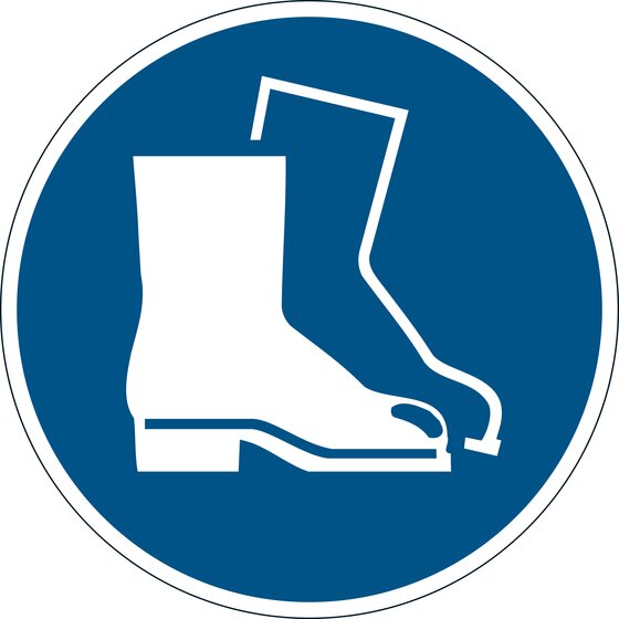 Durable Floor Marking Sign – Use Foot Protection, 430mm, Blue