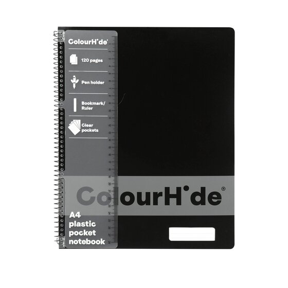 ColourHide A4 Notebook – 120 Pages, Black Cover, Pockets, Spiral Bound