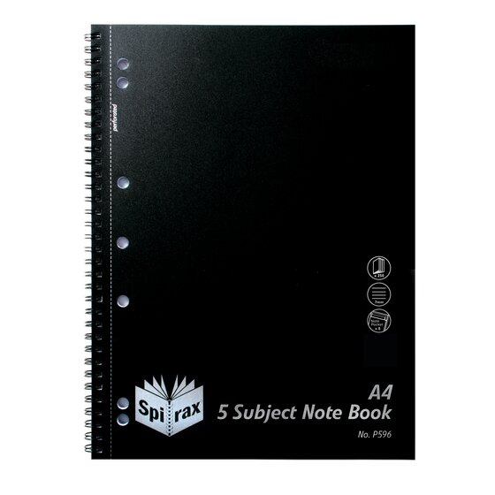 Spirax P596 5-Subject Notebook A4 250 Pages Black Polypropylene Cover