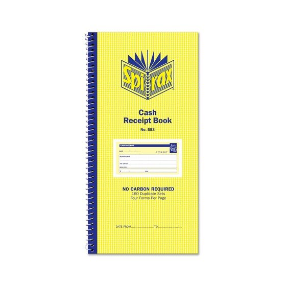SPIRAX 553 Cash Receipt Book – 279 x 144mm Spiral Bound NCR Paper with Protector Board