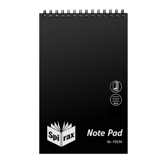SPIRAX P563A Reporter's Notebook, 200 x 127 mm, 200 Pages, Black Polypropylene Cover, Top-Spiral Bound