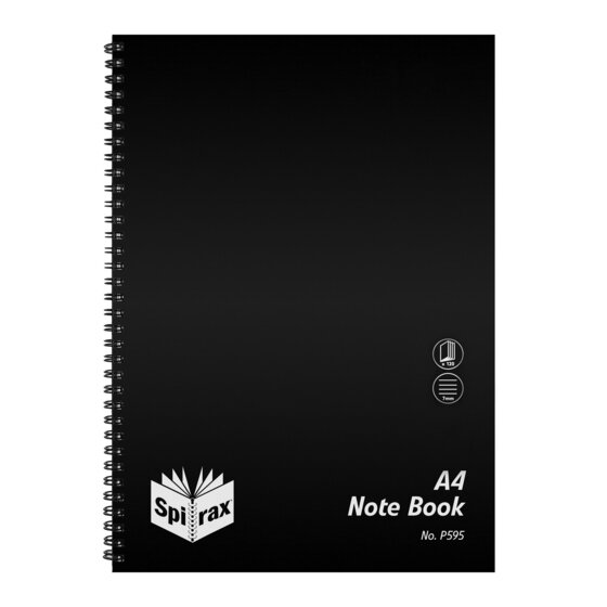 Spirax P595 A4 Notebook – 120 Pages, 7mm Ruled, Black Polypropylene Cover