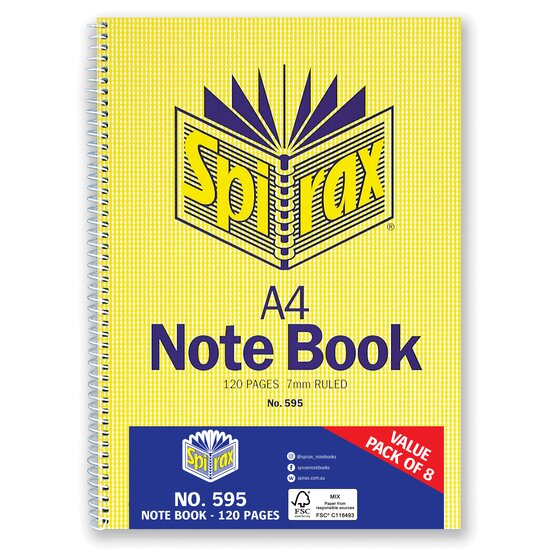 SPIRAX 595 A4 Notebook, 120 Pages, 7mm Ruled – Pack of 8