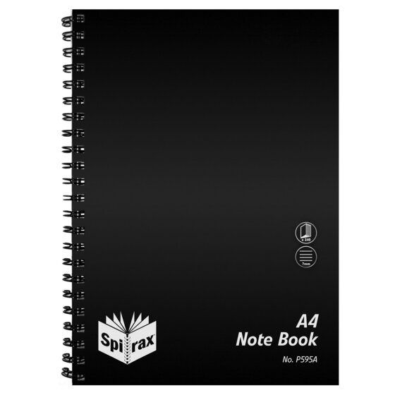 Spirax P595A A4 Notebook – 240 Pages, 7mm Ruled, Black Polypropylene Cover, Wire Bound