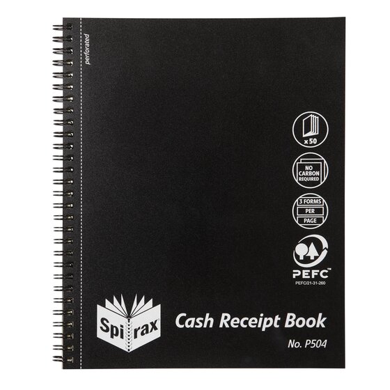 Spirax P504 Cash Receipt Book – Quarto, Black Polypropylene Cover, Wire Bound