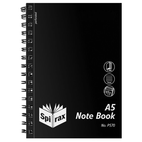 SPIRAX P570 A5 Notebook | 200 Pages, 8mm Ruled, Black Polypropylene Cover