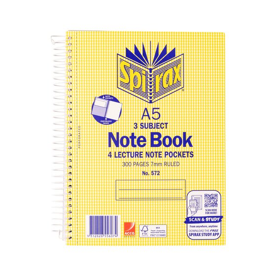 Spirax 572 Three-Subject A5 Notebook | 300 Pages, 210×158mm, Perforated