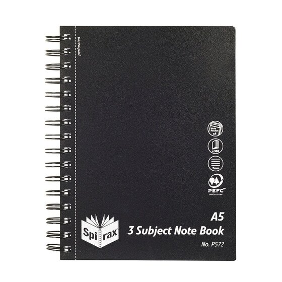 Spirax P572 Three-Subject A5 Notebook | Black Polypropylene Cover, 300 Pages