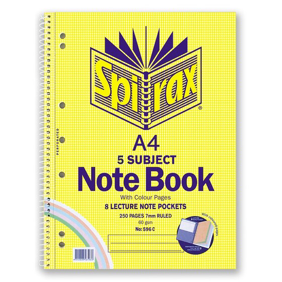 Spirax 596C – 5-Subject Coloured Notebook, A4, 250 Pages