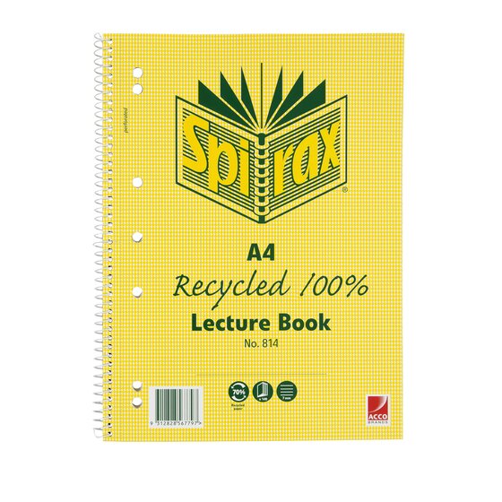 SPIRAX 814 Recycled Lecture Book A4 140 Page – 7-Hole Punched, Side Spiral Bound