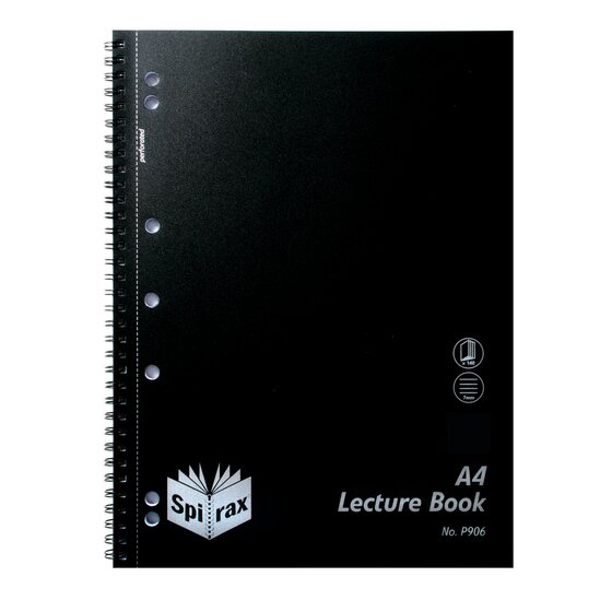SPIRAX P906 Lecture Book A4 140 Pages – Black Polypropylene Cover, 7mm Ruled, Perforated