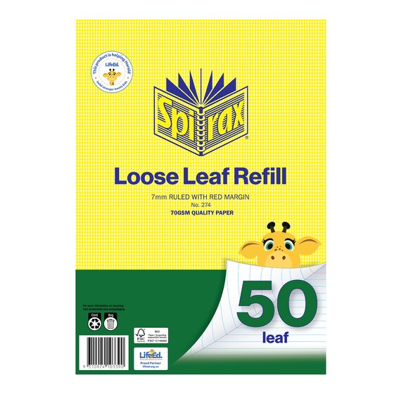 Spirax Loose Leaf Refills A4 50 Sheets 7mm Ruling