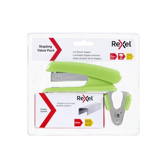 Rexel Value Pack Half Strip Stapler Set – Lime (Stapler + Remover + 5,000 Staples)
