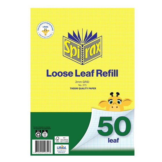 Spirax A4 Loose Leaf Refills – 50 Leaf Graph Paper 2mm Grid