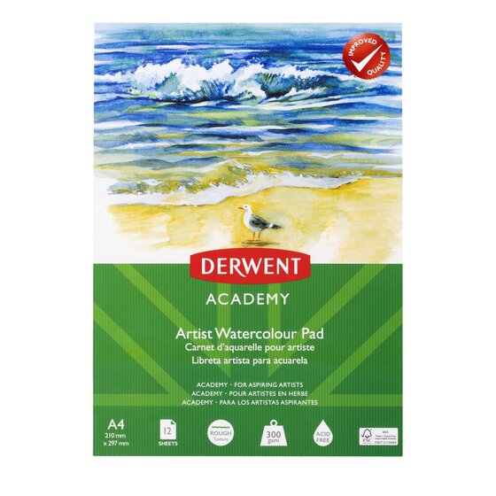 Derwent Academy Watercolour Pad – A4 Portrait, 12 Sheets, 300gsm Acid-Free