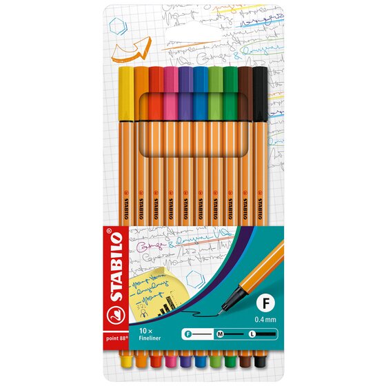 STABILO Point 88 Fineliner – Assorted Colours, 10-Piece Wallet (0.4mm)