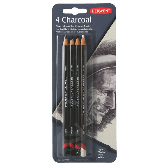 Derwent Charcoal Pencil Set – 5 Charcoal + 1 White Pastel, with Sharpener