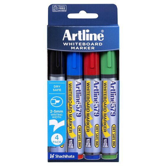 Artline 579 Whiteboard Marker – 5mm Chisel Nib – Assorted Colours – Wallet of 4