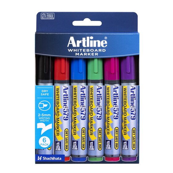 Artline 579 Whiteboard Marker – 5mm Chisel Nib, Assorted Wallet of 6