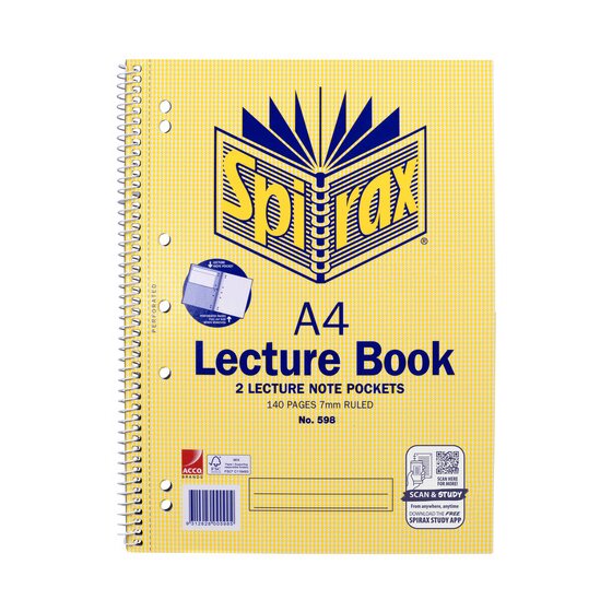 Spirax 598 Lecture Book with Pocket – A4, 140 Pages, 7-Hole Punched, 7mm Ruling, Side Spiral